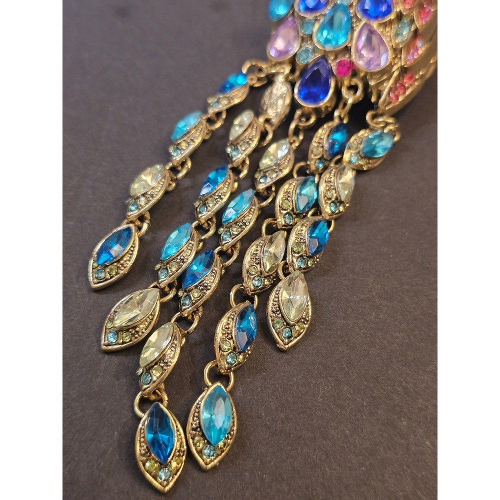 LARGE Tassel Peacock Brooch Women Multi Color Rhinestone Tassel Dangle - Picture 5 of 8
